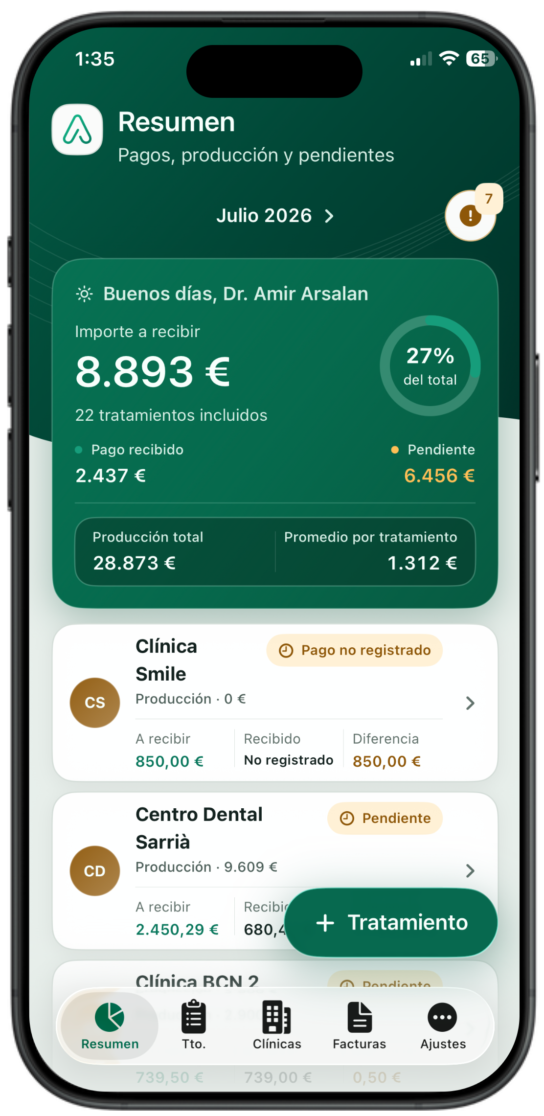 Amaras — pantalla Resumen con producción y pagos por clínica